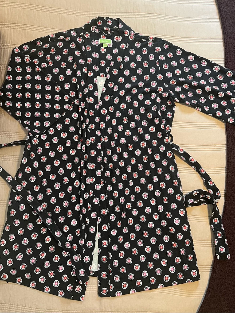Vera Bradley Black Robe Pink and Red Dot Floral Print Cotton Preppy Spa Style